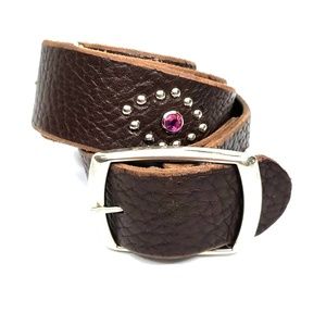 Brown Leather Studded Belt with Pink Stones L